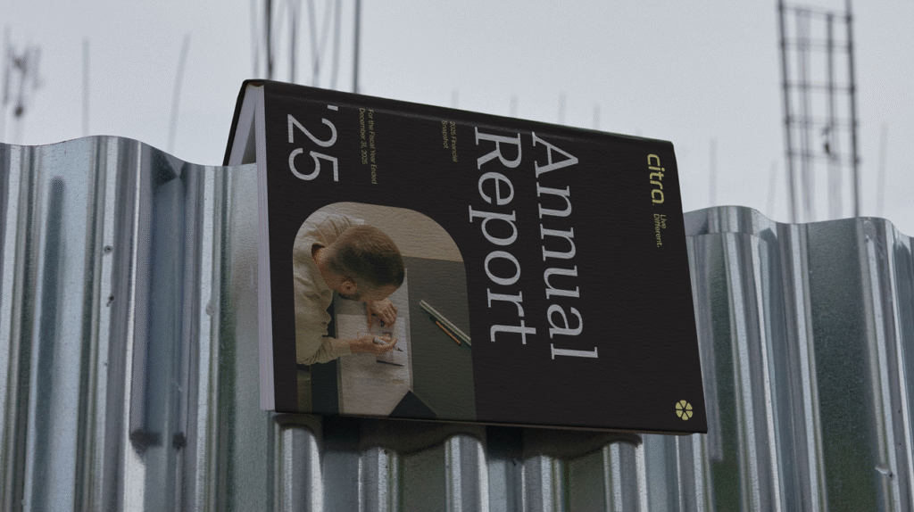 Citra’s updated branding on an annual report book, highlighting the new logo and emblem.