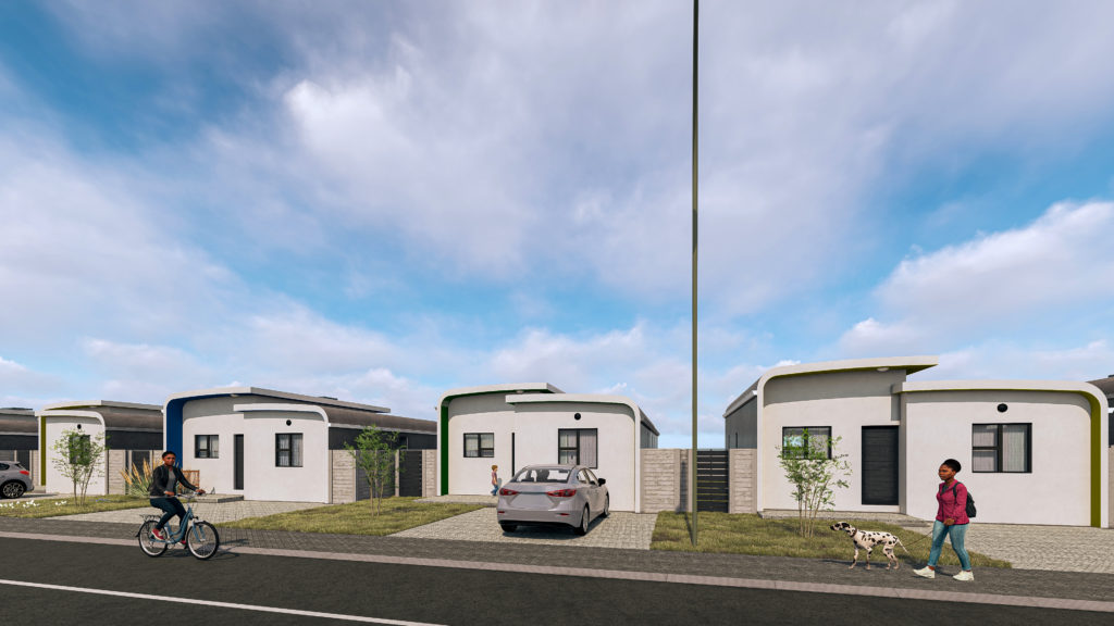 Architectural visualization of a row of eFree homes on a residential street. A man on a bicycle and a woman walking her dog pass by.