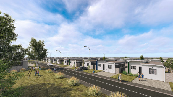 Architectural visualization of eFree homes with distinctive floating roofs positioned along a residential street, with greenery in the foreground and the residential estate extending into the background.