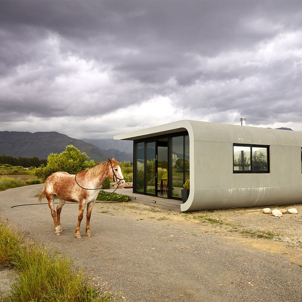Modern tiny house with large glass windows in a scenic rural landscape, horse in foreground, cloudy.