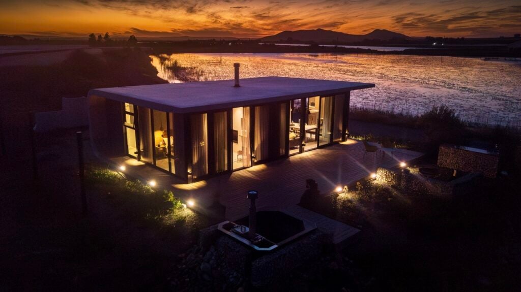 Modern lakeside house illuminated at sunset with scenic water views in South Africa.