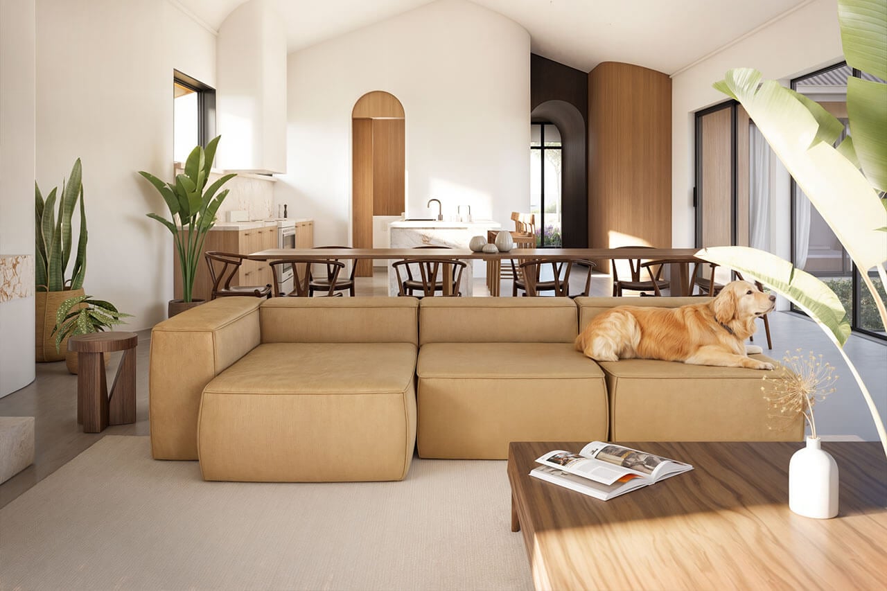Bright and inviting living room featuring a beige sofa, large windows, and lush indoor plants.