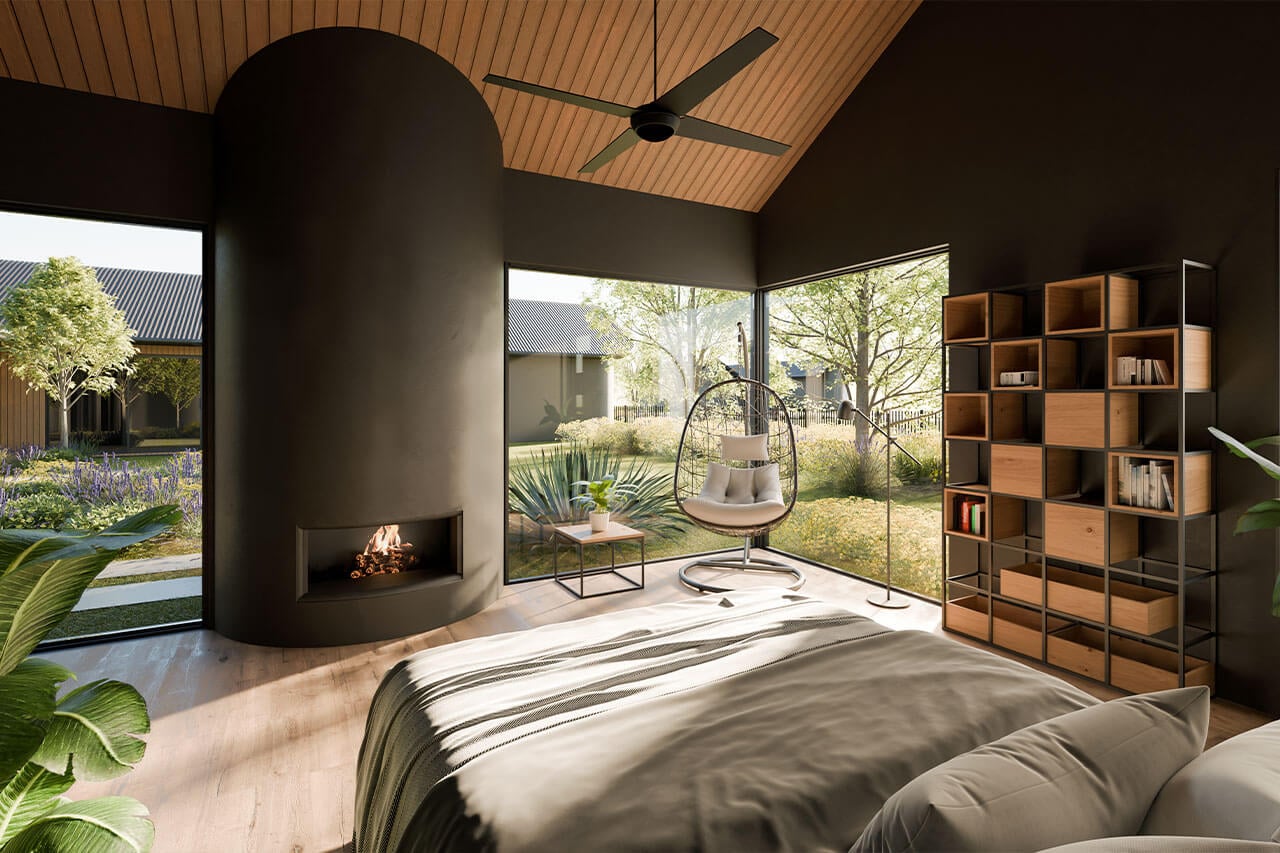 Spacious bedroom featuring large windows, a cozy fireplace, and contemporary decor for a relaxing at.