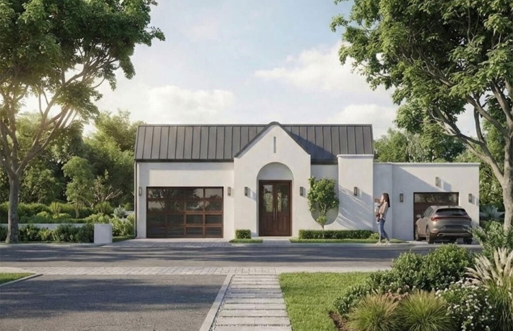 Modern minimalist house with white exterior, large windows, and landscaped garden in a suburban neig.
